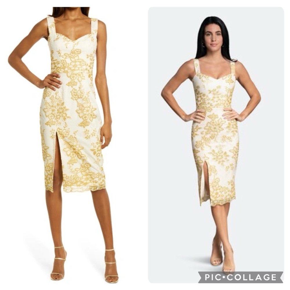 Dress the Population “Cadence” in Tuscan Sun Golden Embroidered Dress